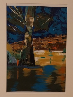 Landscape acrylic painting on cardboard with frame, new