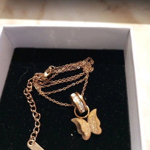 Steel necklace gold color with butterfly design and rhinestone ring
