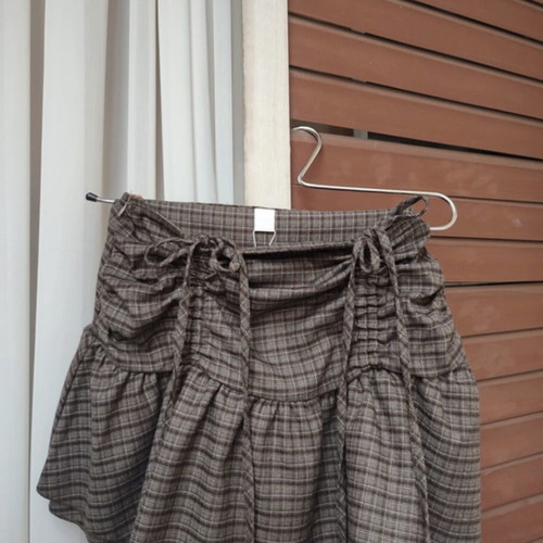 Mini checkered skirt, fabric with front gathers