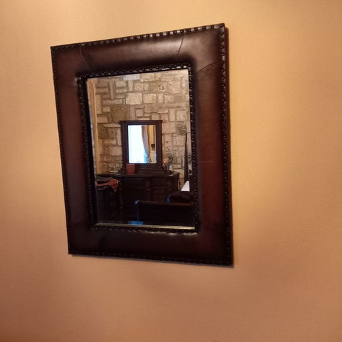 Handmade leather and mosaic mirror used, Italian origin