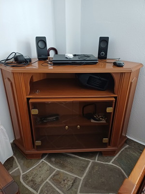 Wooden corner TV unit with hidden rotating bar, vintage