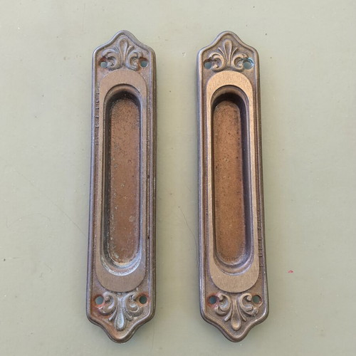 Vintage brass door handles and recessed pull set, 3 pcs