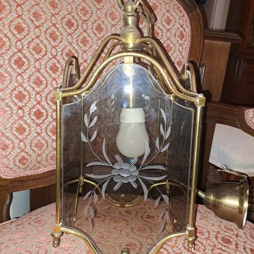 Brass ceiling lights used, set of 2 with painted glass