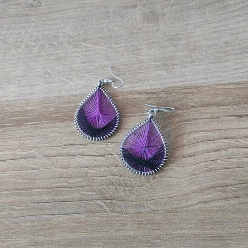 Handmade earrings like new dreamcatcher shape with purple thread