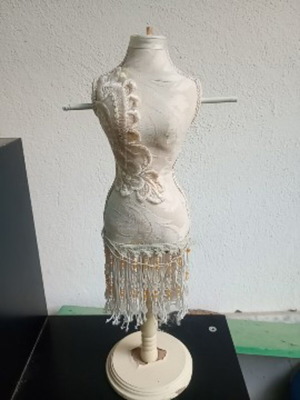 Vintage mini mannequin 43cm used with fabric, lace and bead fringes