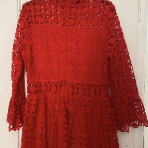 Red dress long-sleeve lace embroidery bell sleeve, lined, regular fit