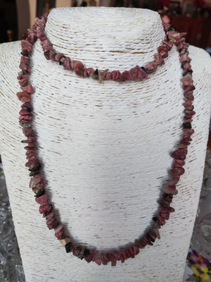 Long handmade necklace with pink and gray rhodonite stones like new