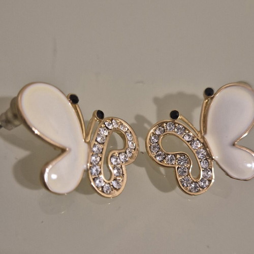 Butterfly stud earrings with white enamel and rhinestones