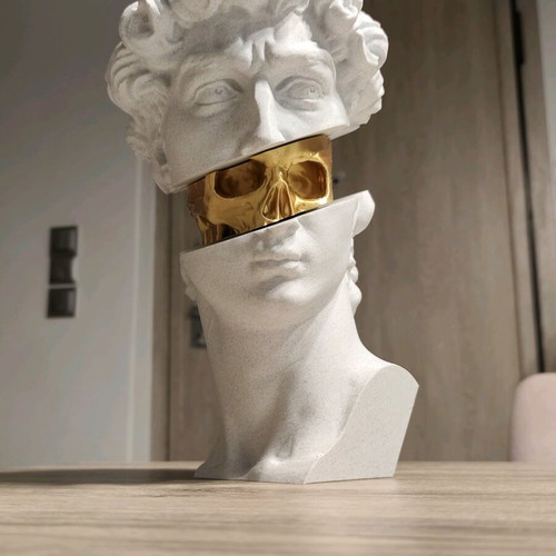 3D Printed David Bust with Gold Skull new, modern decorative art