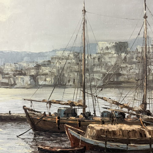 Ν. Ποκαμισάς ελαιογραφία «Αγκυροβολημένα καΐκια στο σούρουπο» Τήνος