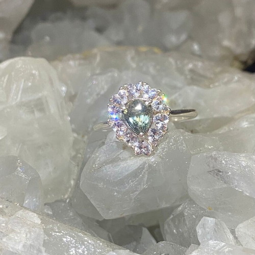 Silver Ring with Natural Green Tourmaline and Moissanite, new