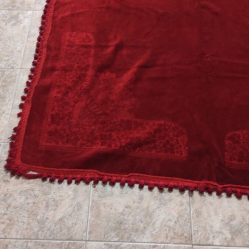 Velvet tablecloth used, burgundy with imperfections