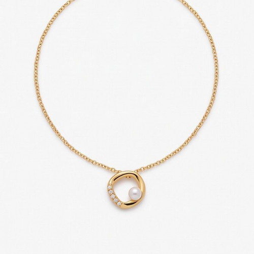 Pandora necklace with irregular circle pendant, pavé stones, 14K gold