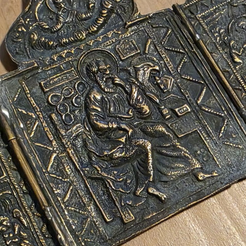 Orthodox cast bronze triptych icon, folk art