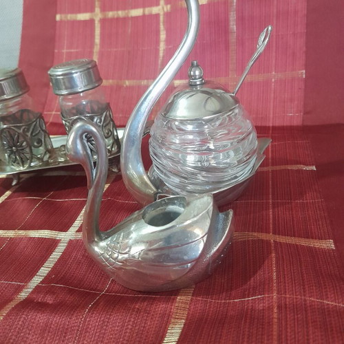 Vintage silver-plated swan decoration set used