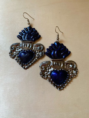 Mexican Sacred Heart earrings handcrafted, like new, blue and silver