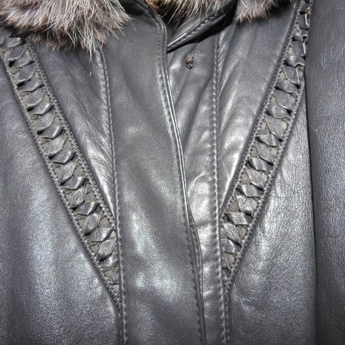 Vintage leather coat used, gray, size 36, with fox fur