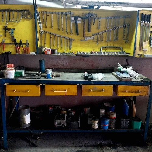 Workshop bench and tool rack used