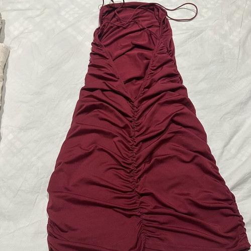 Shein Burgundy Mini Ruched Backless Dress, Size M