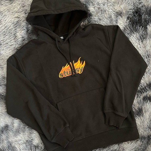 Stussy hoodie used, black with orange flames, size M