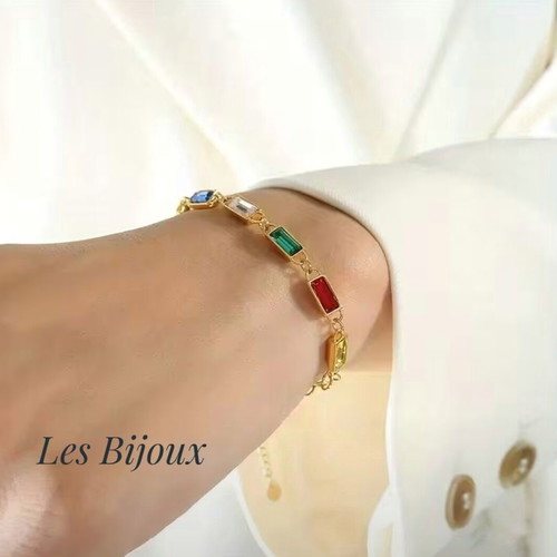 Steel Bracelet with Colorful Baguette Zirconia Gold Plated New