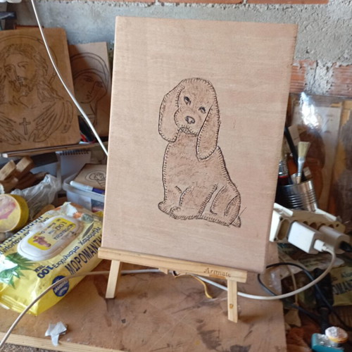 Handmade pyrography on wood, A4 size, dog design