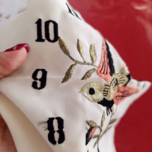 Vintage machine embroidery clock with bird on beige fabric new