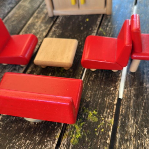 Wooden dollhouse furniture set used, red-brown