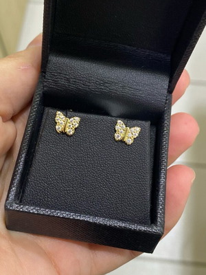 Gold butterfly earrings 14k with zircon new