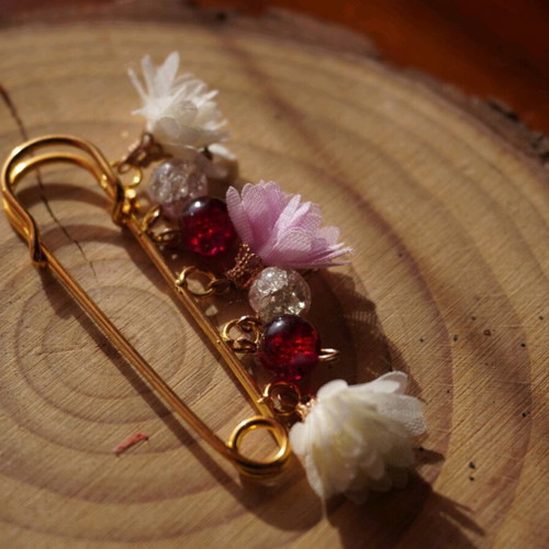 Handmade brooch with dangles in pink and white shades new