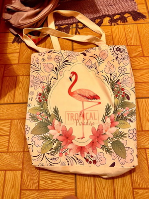 Canvas shoulder bag with flamingo design like new, white and pink