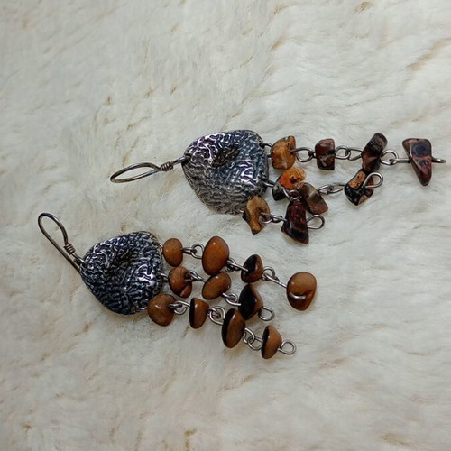 Silver earrings with chains and stones, used