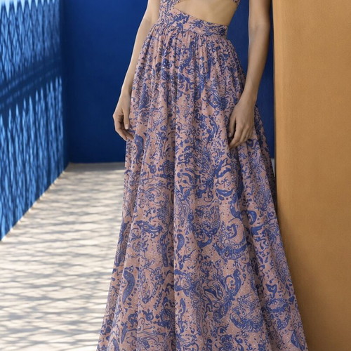Nash Capri dress by Natasha Avloniti, blue and pink muslin maxi