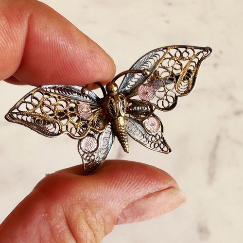 Vintage silver filigree butterfly brooch Art Deco 1930s used