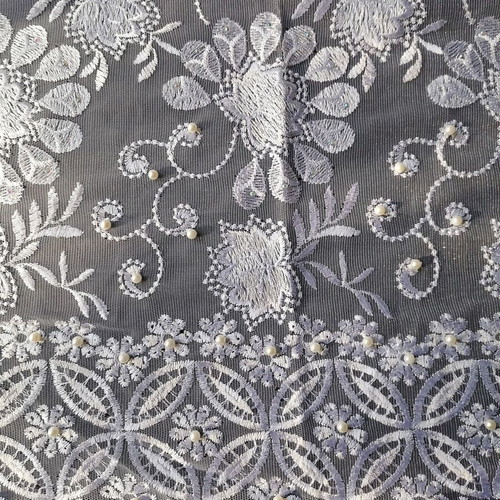 White guipure fabric 130/455 cm new with pearls and border