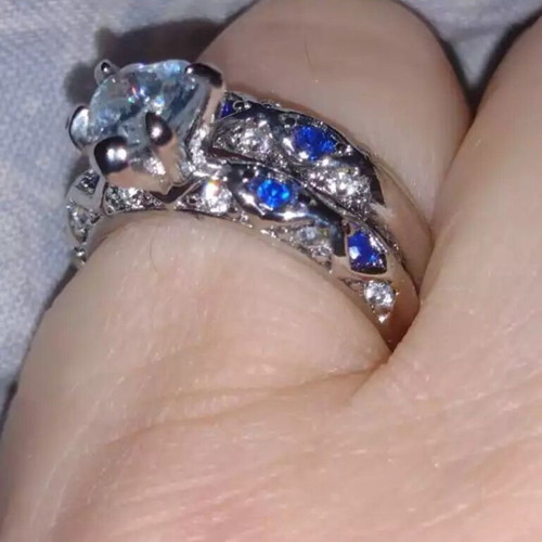 Double Heart Ring new, sterling silver with sapphires and diamonds