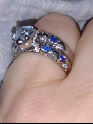 Double Heart Ring new, sterling silver with sapphires and diamonds