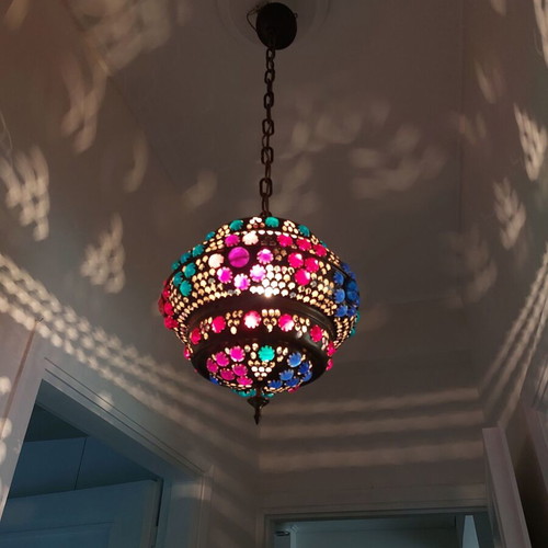 Moroccan vintage handmade lamp from brass and colored glass like new