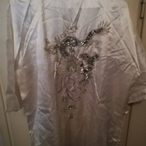 Satin kimono robe new small with sequins white and gray