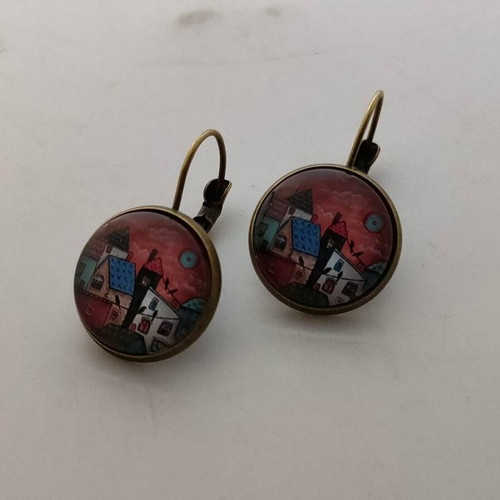 Handmade earrings with painted landscape, like new