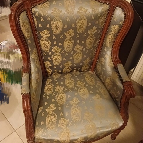 Bergere armchairs used, set of 2, solid wood, one with fabric wear