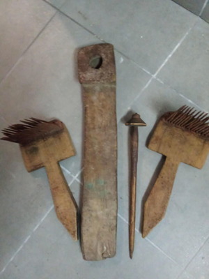 Weaving tools set used, 4 pieces including spindle, 1955 vintage