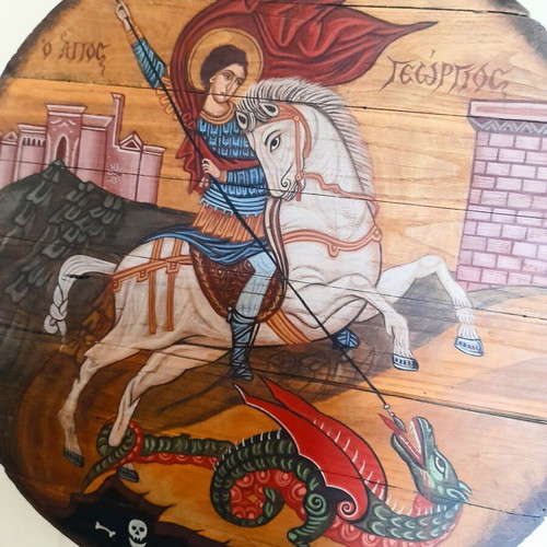 Handmade Saint George Icon Egg Tempera on Old Barrel Lid 48cm like new