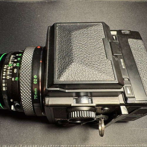 Bronica ETRS camera used with AE-II finder and Zenzanon PE-II 75mm lens