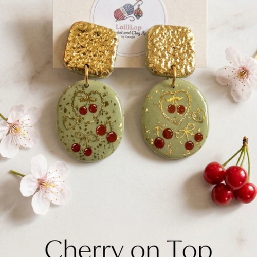 Handmade Vintage Cherry Earrings with Polymer Clay and Gold Leaf