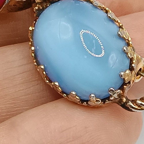 Vintage Jelly Belly Cat Brooch used, mid century 1960, gold with blue cabochon