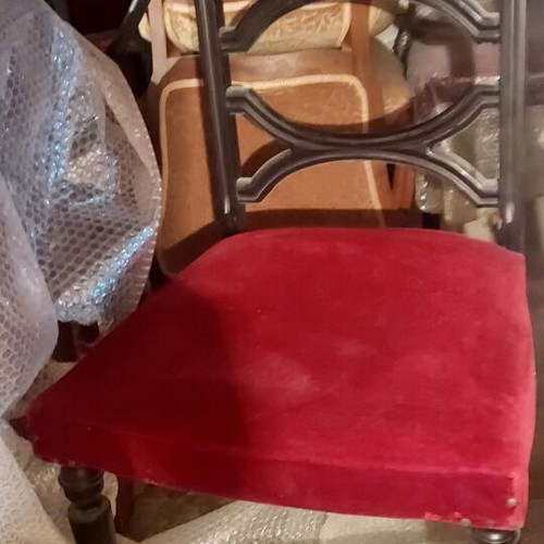 Wooden chair vintage with burgundy velvet upholstery, pack of 4