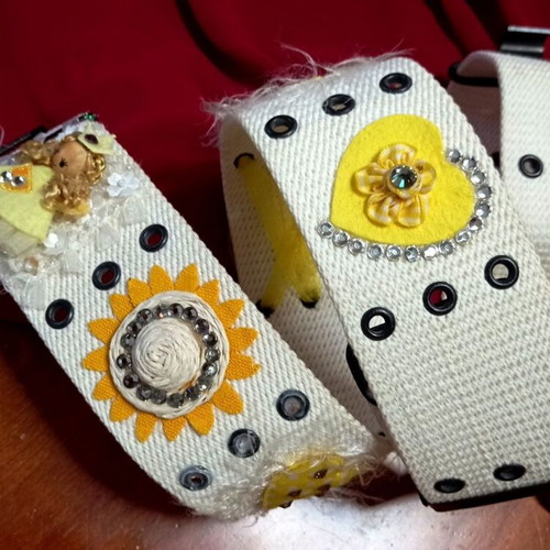 Wide adjustable white women's belt 105cm with handmade vintage decoration