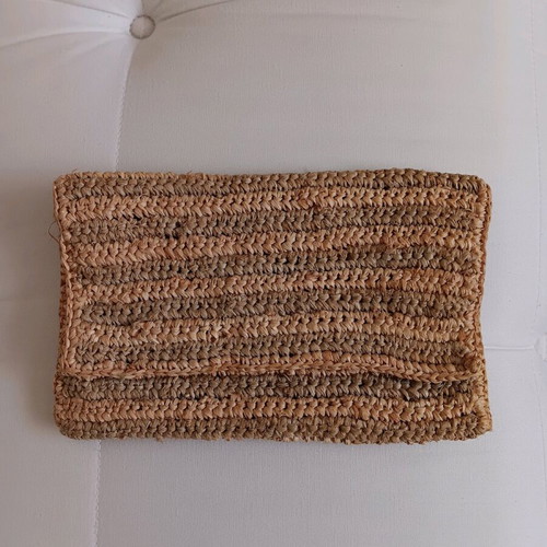 Straw clutch bag used, beige with khaki details