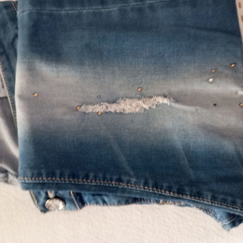 Girls' jeans with rhinestone details, slim fit, blue
